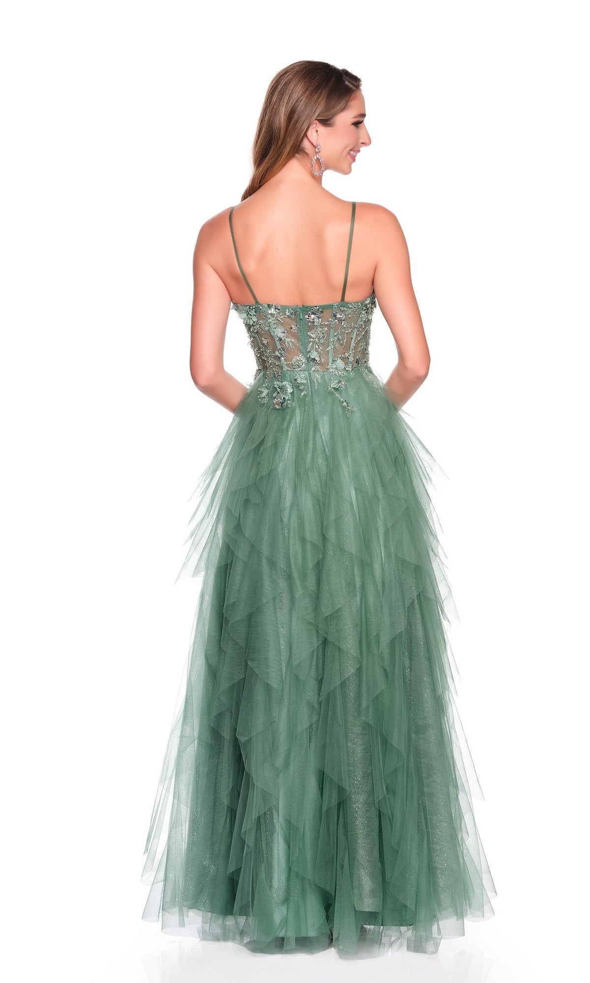 A woman faces away, wearing the Dave and Johnny 12705 long prom dress featuring thin straps, an embellished corset bodice, and a flowing green ruffle tulle skirt.